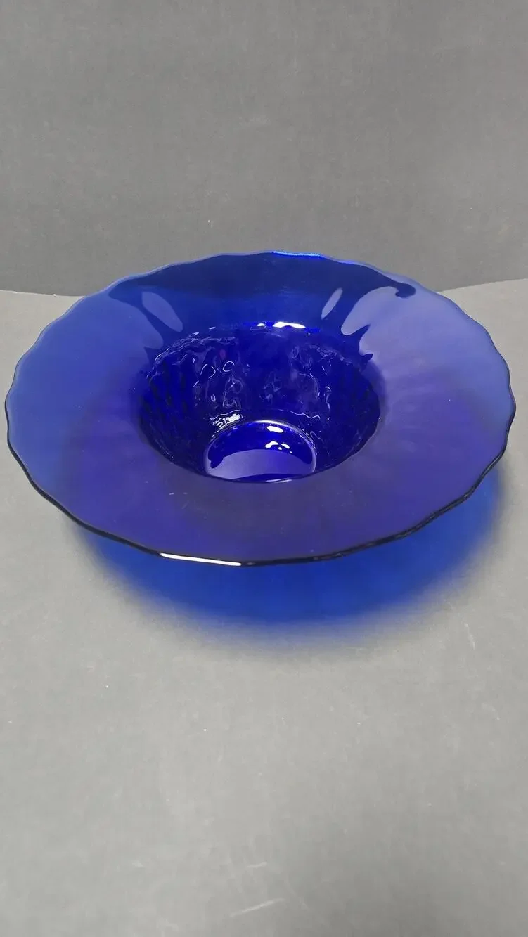 Cobalt Blue Pressed Glass Centerpiece Serving Bowl Scalloped Diamond Base